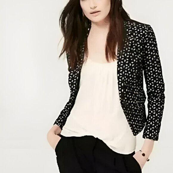 Loft Black Nude Tan Cotton Cropped Fitted Floral Eyelet Dress Blazer Jacket XS 2 - Picture 8 of 8